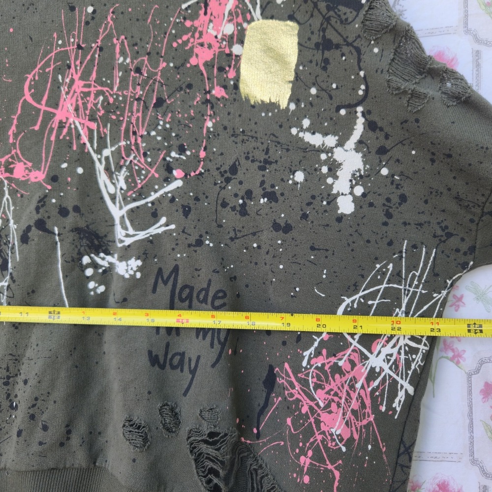 Zara Womans M Distressed Graffiti Paint Splatter Sweatshirt Green High Mock Neck - Picture 5 of 6